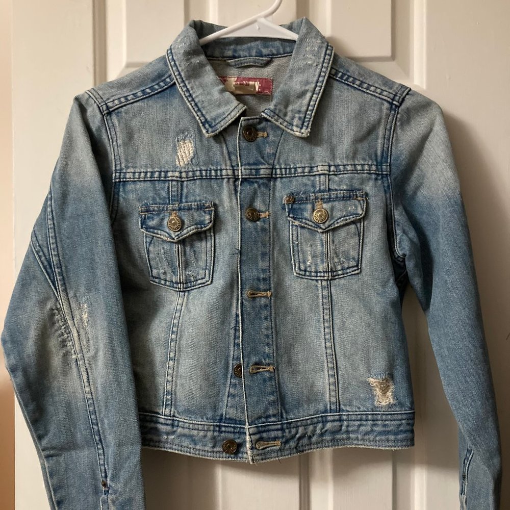 H&M &NOW Distressed Light Wash Semi-Cropped Jean Jacket